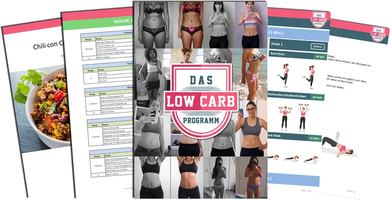 Low Carb – Abnehmkurs mit Ernährungsplan von OnVersum GmbH 1 Das Low Carb Programm Produktmockup mit Wochenplan, Rezepten, Trainingsmodulen und Vorher-Nachher-Bildern