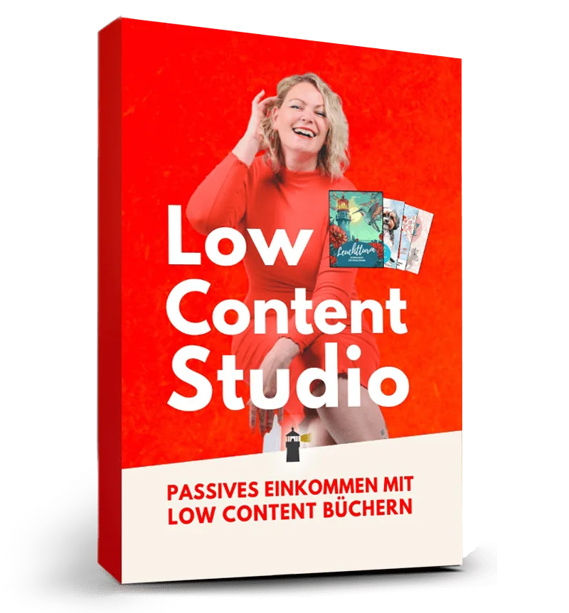 3D-Produktbox der Low Content Studio mit Frau und Buchcovern auf rotem Hintergrund