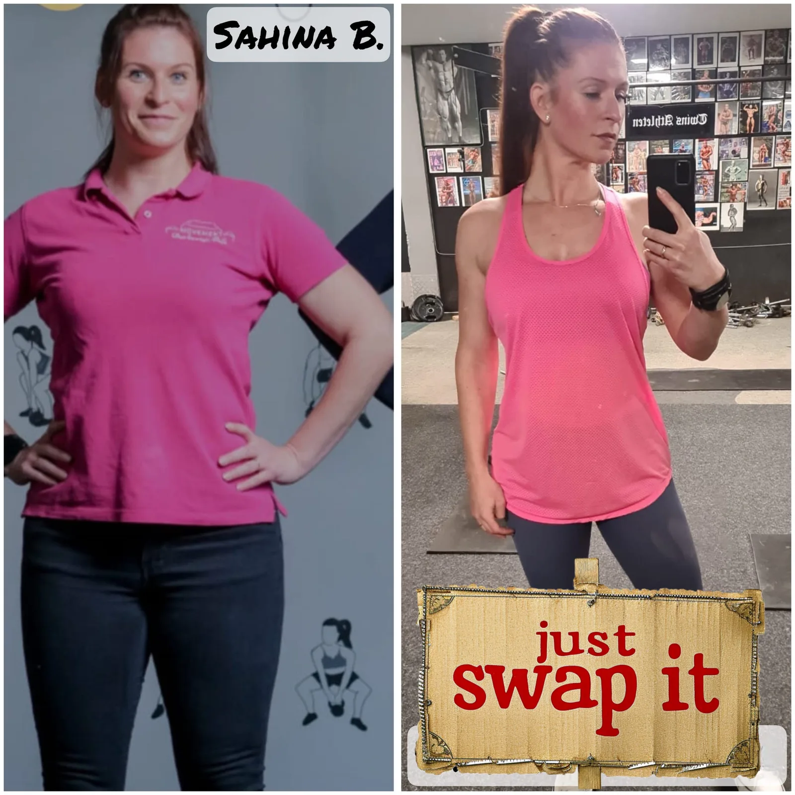 Frau Sahina B. in Vorher-Nachher Fotos, links in rosa Poloshirt, rechts in rosa Trainingsshirt
