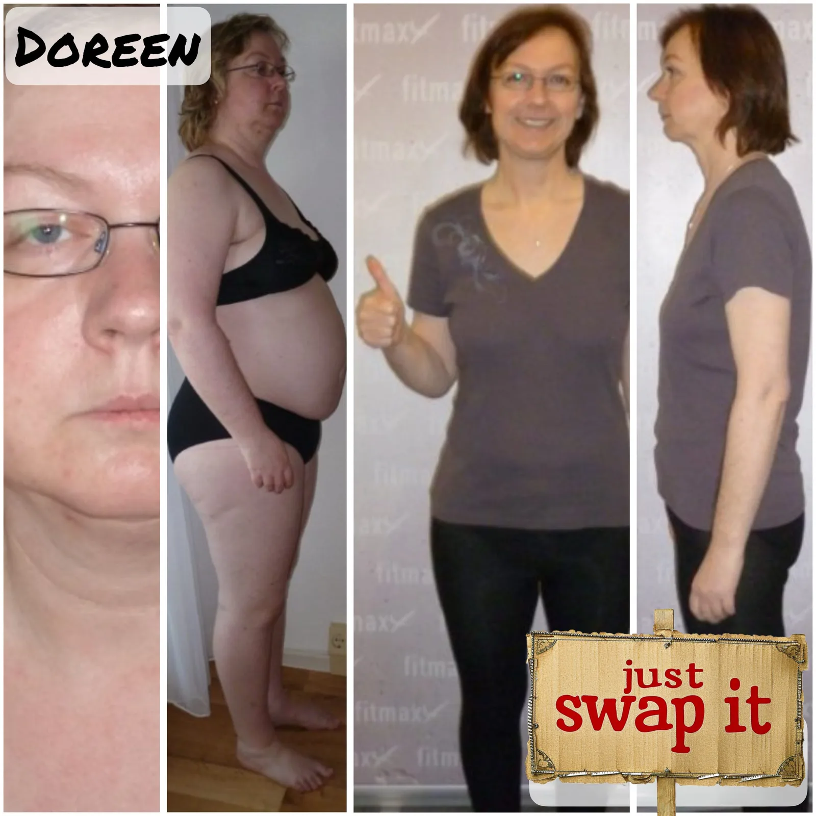 Frau Doreen mit Vorher-Nachher Fotos, Nahaufnahme Gesicht und seitlich mit braunem Shirt, Schild just swap it