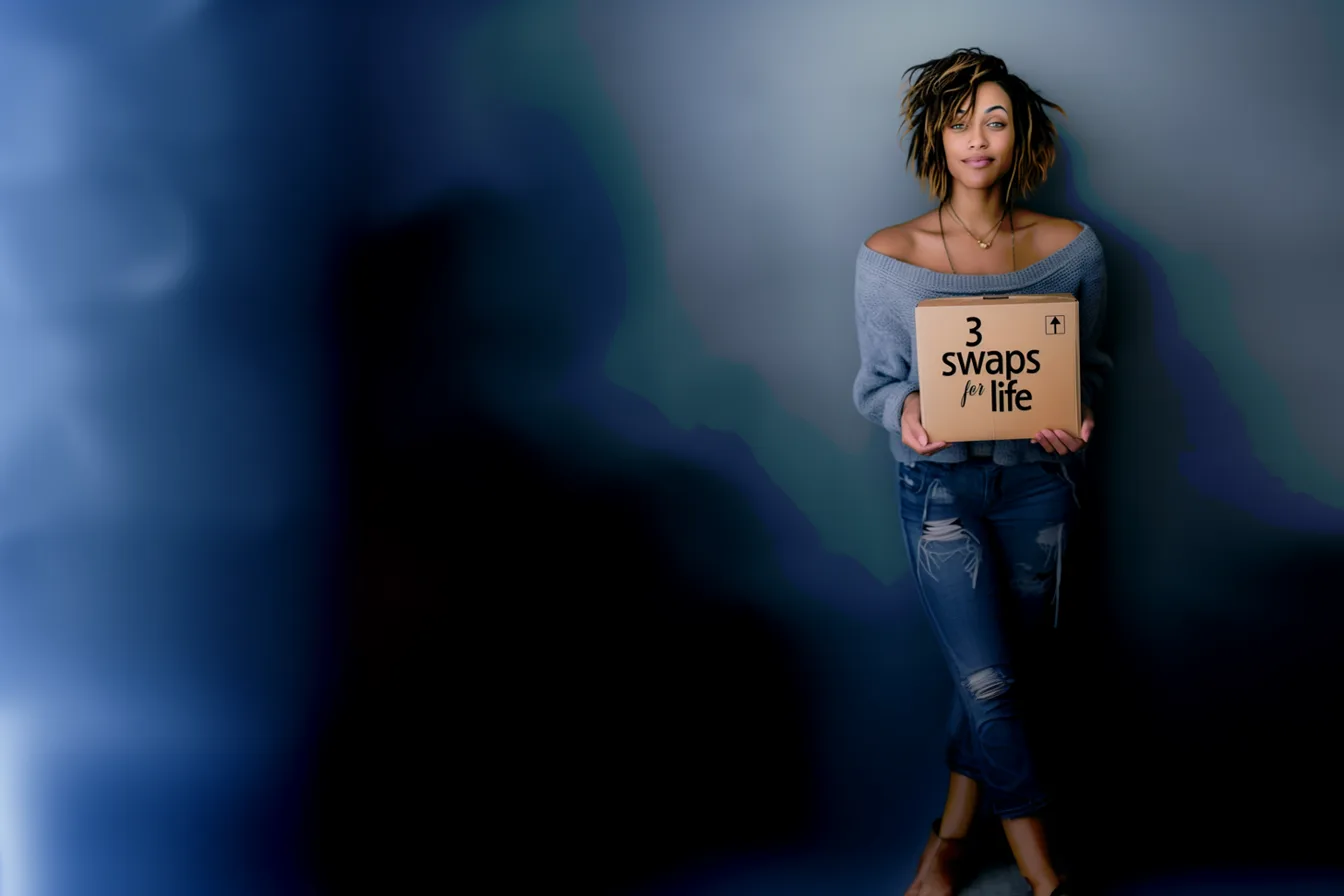 Frau mit Schild 3 Swaps for Life Kursankündigung