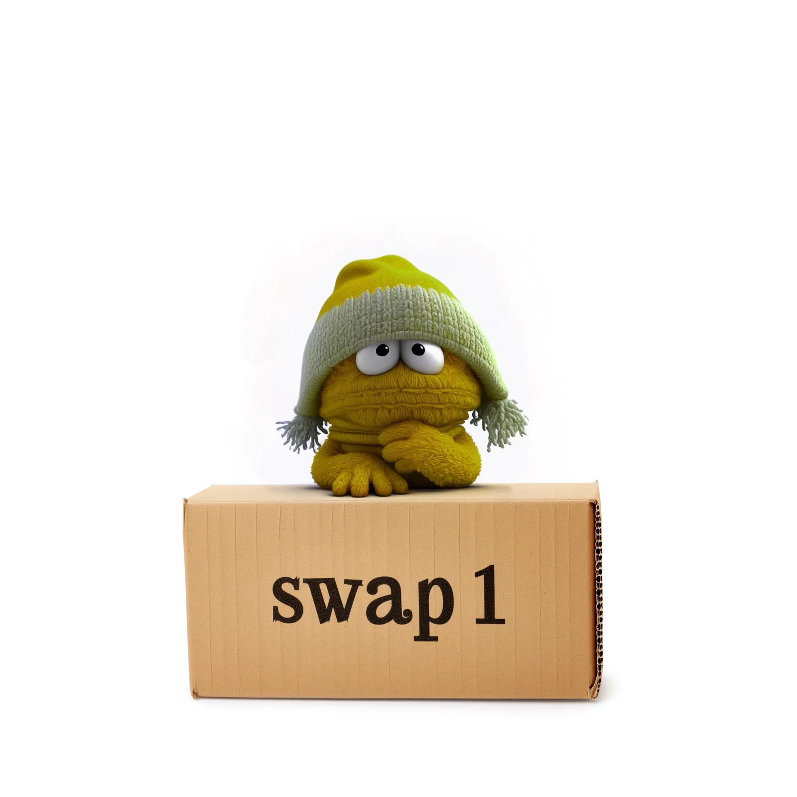 Gelbe Zeichentrickfigur mit grauem Hut auf Pappkarton mit Text swap 1