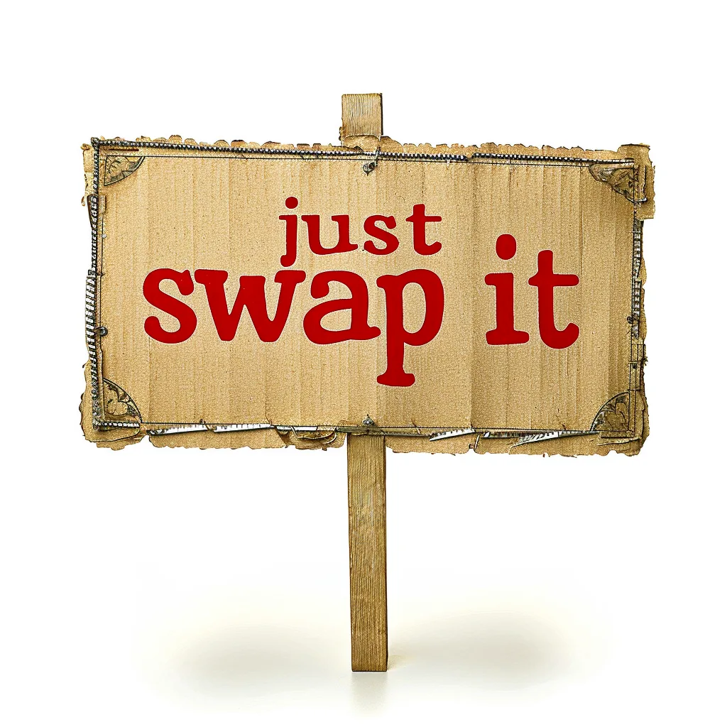 Beiges Schild auf Holzstab mit roten Großbuchstaben: just swap it