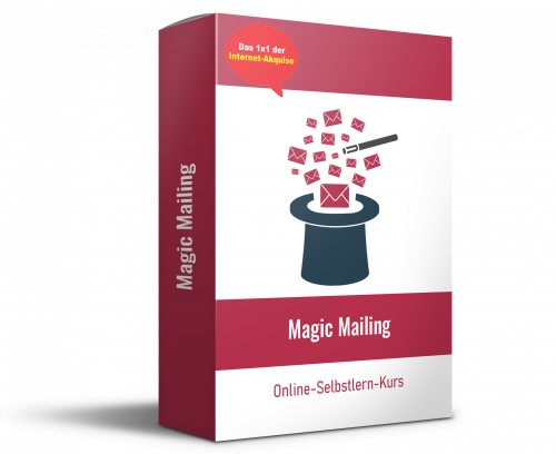 Produktbox Magic Mailings Online-Selbstlern-Kurs mit Zauberhut und E-Mail-Symbolen
