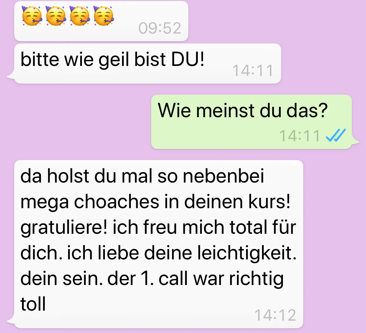 WhatsApp-Nachricht mit positiver Reaktion zu Wibke Sommers Kurs und Coaching