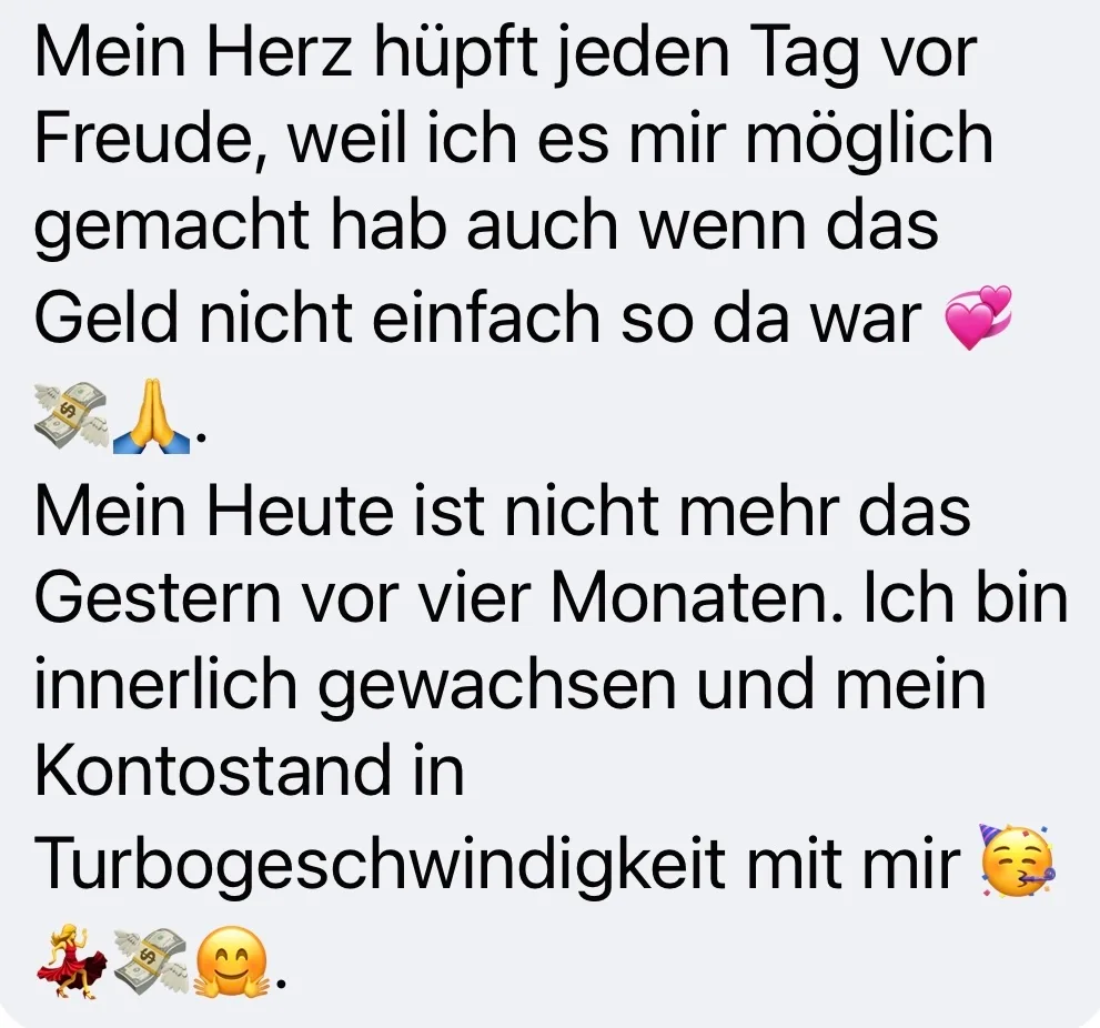 Motivational-Grafik mit Text über tägliche Freude und finanzielle Erfolgsgeschichte, Emojis mit Geldscheinen und Herzen