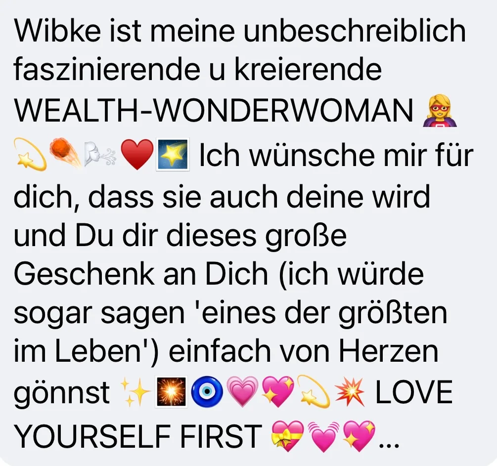 Testimonial-Grafik mit Lobpreis für Wibke Sommer als "Wealth Wonderwoman", Text über persönliche Wünsche und Self-Love, bunte
