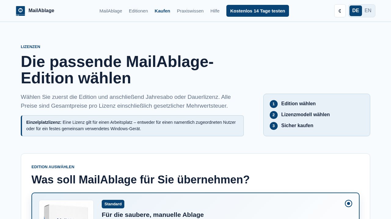 MailAblage Standard – Outlook-Archivierungssoftware 1 MailAblage Standard – Dauerlizenz – Ansicht der Verkaufsseite