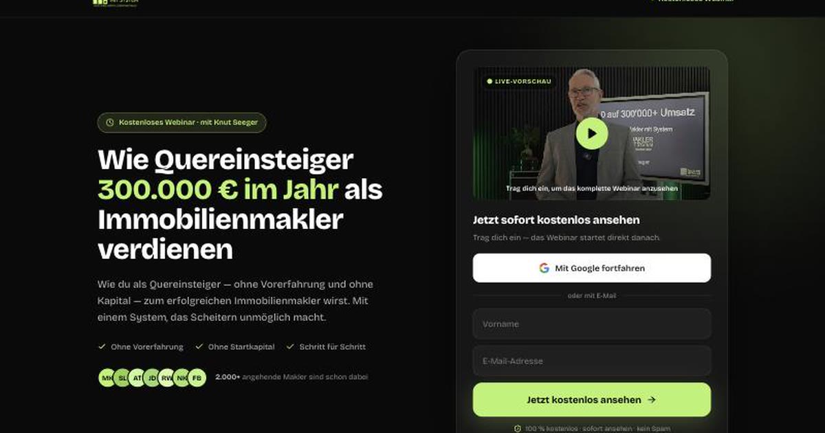 Webinar-Hero mit Knut Seeger: Wie Quereinsteiger 300.000 € im Jahr als Immobilienmakler verdienen