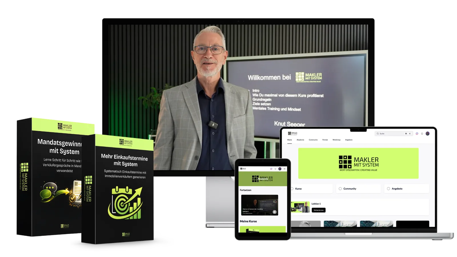 Mockup des 12-Monate-Ausbildungsprogramms Makler mit System mit Knut Seeger, Kursmaterialien und Plattform
