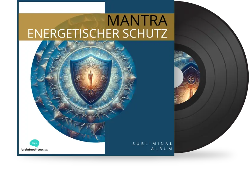 Mantra Energetischer Schutz Album Cover mit Vinyl-Schallplatte und Mandala-Shield-Design