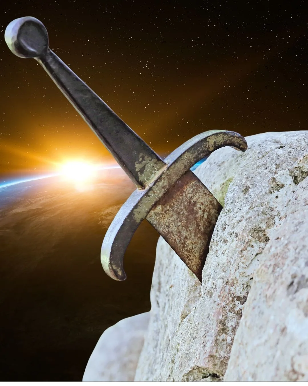 Schwert in Stein mit Planeten und Sternen im Hintergrund, symbolisiert Kraft und Transformation