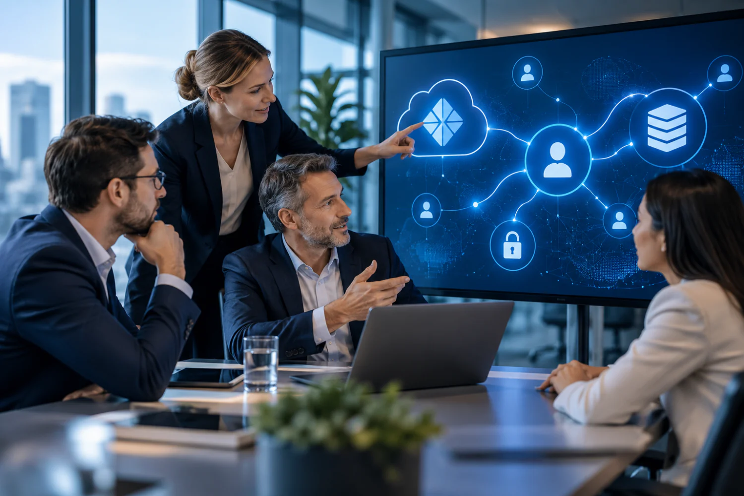Geschäftsteam in Konferenzraum mit Cloud-Security-Visualisierung auf Bildschirm