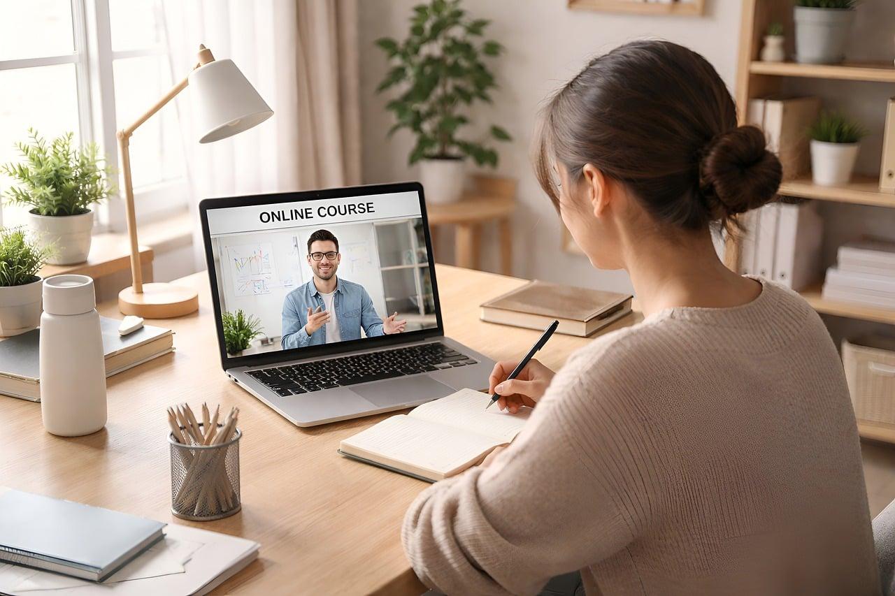 Frau beim Online-Kurs am Laptop mit Dozent, E-Learning Schulungssetting
