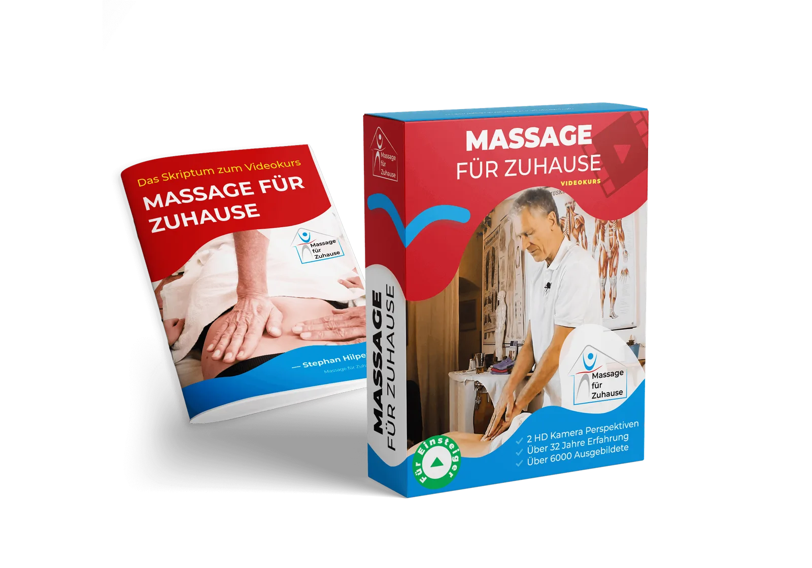 Mockup Massage für Zuhause mit Videokurs-Box und Skriptum-Buch