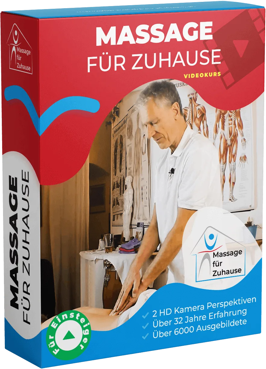 Produktbox Massage für Zuhause Videokurs mit roter und blauer Gestaltung
