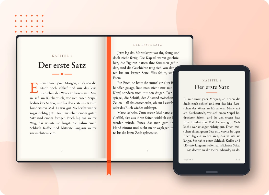 Professionell formatiertes Buch und eBook auf dem eReader – Buchsatz von Hellmann Publishing