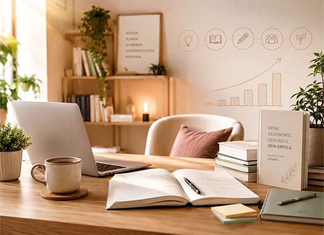 Heller Schreibtisch mit Laptop, aufgeschlagenem Notizbuch und Büchern – Publishing-Coaching für Ihr eigenes Buch