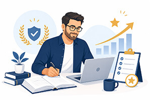 Illustration: Mann mit Brille arbeitet am Laptop mit Checkliste und Wachstumsdiagramm – praxiserprobtes Publishing-Coaching