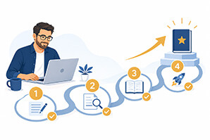 Illustration: Mann am Laptop und nummerierter Weg bis zum fertigen Buch – Schritt-für-Schritt-Anleitung