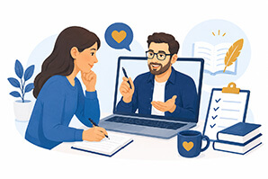 Illustration: Videocall zwischen Coach und Autorin mit Checkliste – individuelle Unterstützung im Coaching