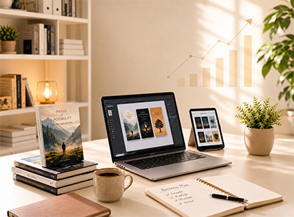 Schreibtisch mit Büchern, Laptop und Tablet mit Buchcovern und Businessplan – Self-Publishing mit Amazon KDP