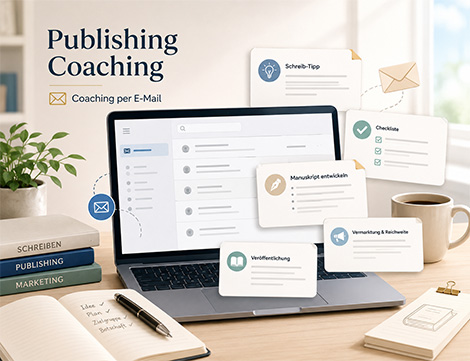 Laptop mit Coaching-Übersicht, Notizbuch und Bücher „Schreiben, Publishing, Marketing“ – Publishing-Coaching per E-Mail