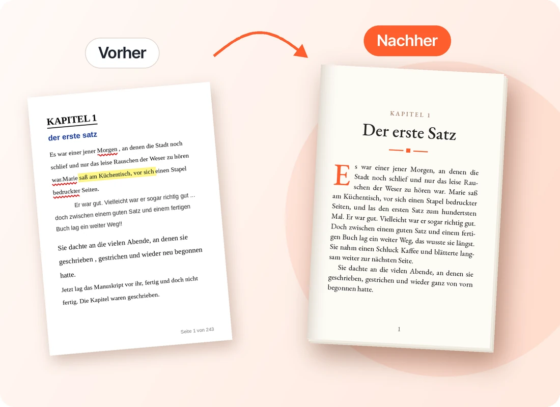 Vorher-Nachher: Word-Manuskript wird zur sauber gesetzten Buchseite