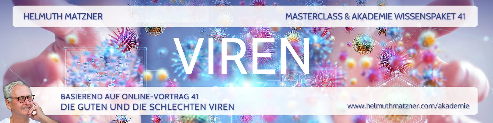 Banner Viren mit bunten Virenmodellen und blauem Hintergrund, Helmuth Matzner