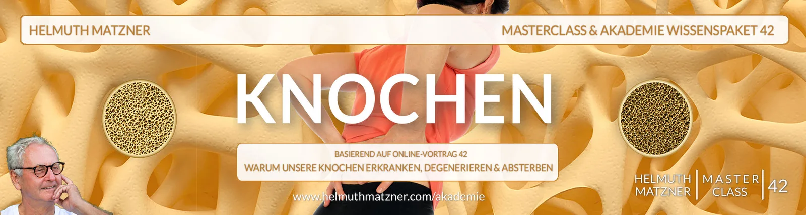 Web Header Masterclass Knochen mit Knochenstruktur und Trainingsszene auf beigem Hintergrund