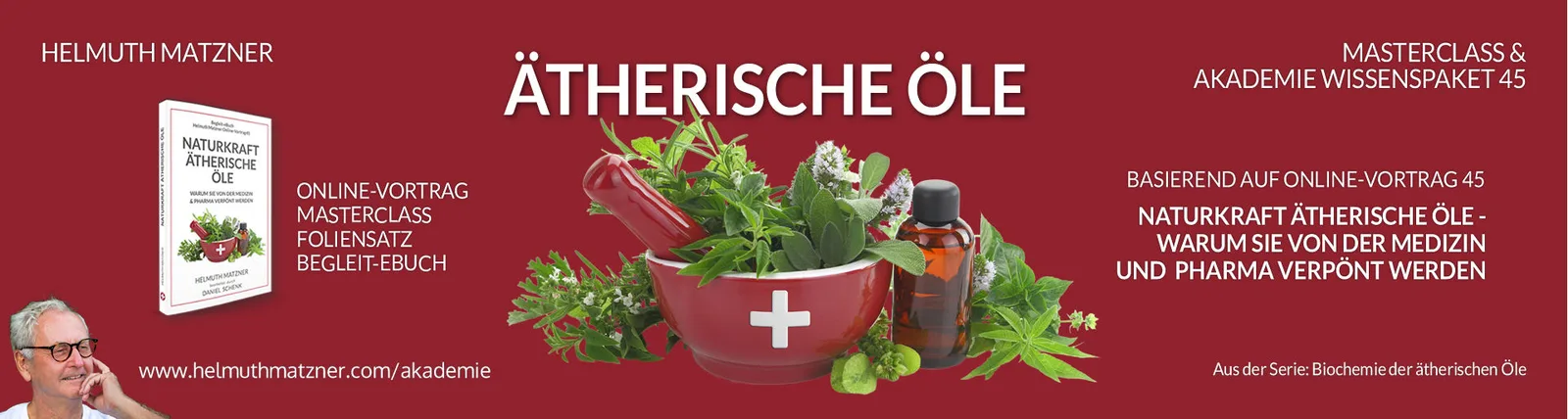 Banner Ätherische Öle mit roter Schale, Heilkräutern und Ölflaschen auf dunkelrotem Hintergrund