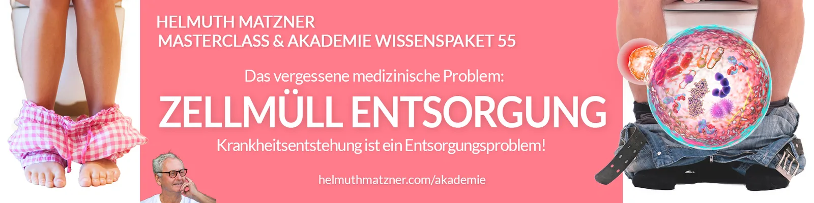 LP-Banner Zellmüll Entsorgung mit Beinen, Zelle und pinkem Hintergrund