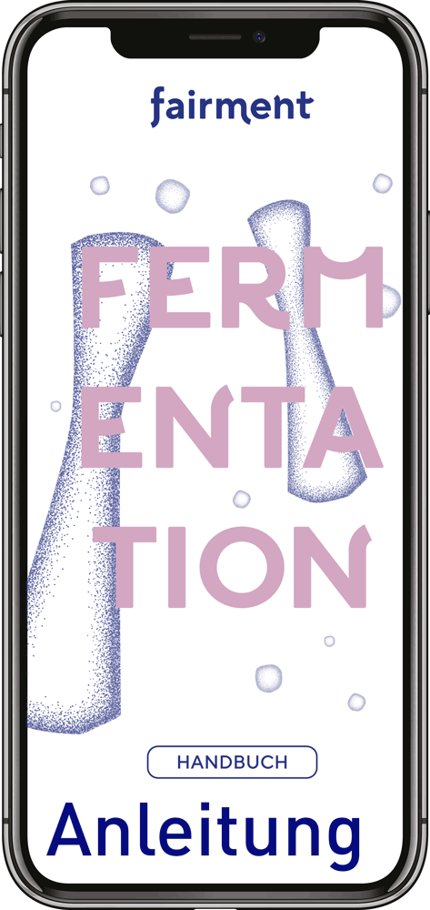 Fermentations-Handbuch auf iPhone-Display mit Gärflaschen-Illustration
