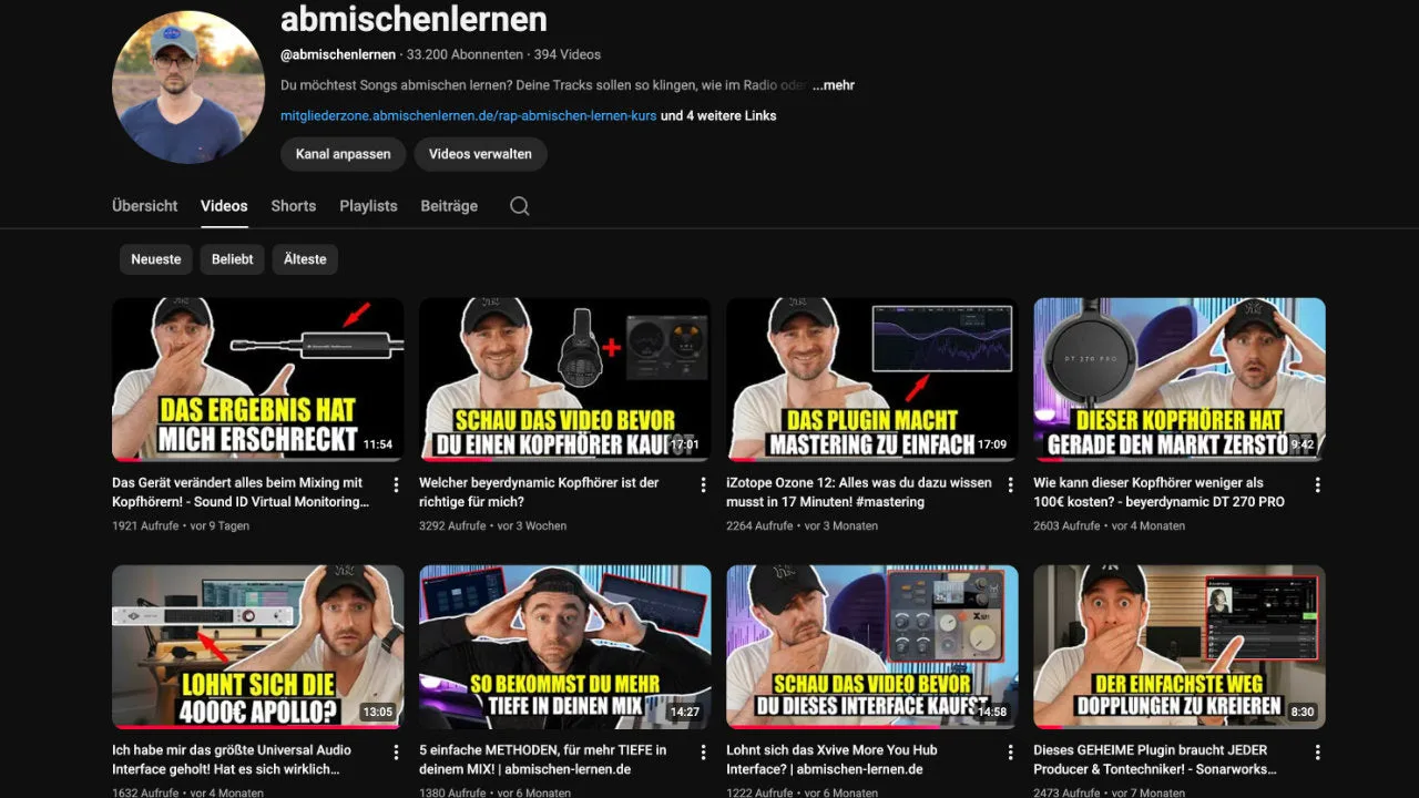 YouTube-Kanal abmischenlernen mit Video-Thumbnails zum Mixing und Mastering