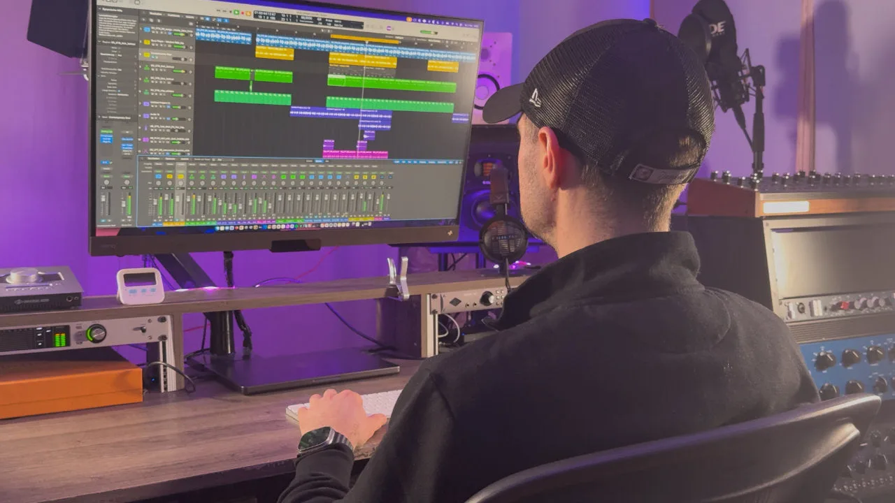 Foto vom Studio-Setup mit Person am Mischpult und Monitoren mit DAW