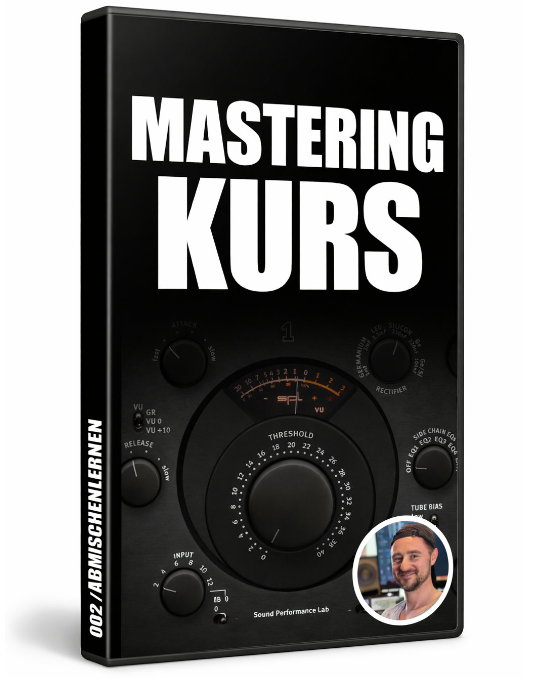 DVD-Cover Mastering Kurs mit Kompressor-Bedienfeld und Instruktor-Porträt