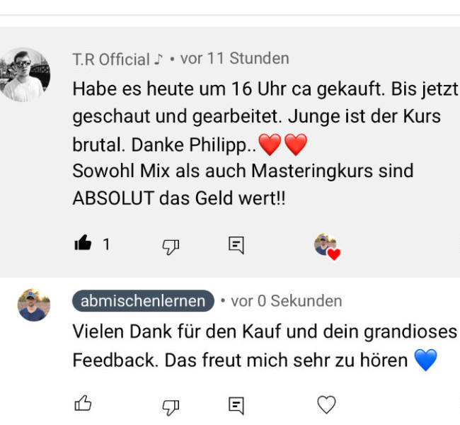 Social-Media-Post von T.R Official mit Lob für den Mastering-Kurs