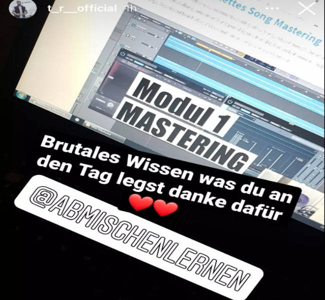 Instagram-Story mit DAW-Screenshot und Lob für Modul 1 Mastering