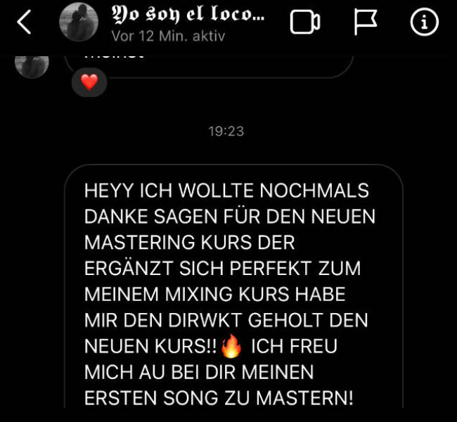 Chat-Nachricht von Yo Soy el Loco mit Dankbarkeit für neuen Mastering-Kurs