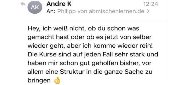 Nachricht von Andre K über Struktur und Hilfereichkeit der Kurse
