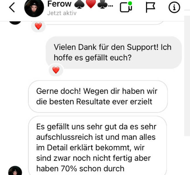 Chat-Nachricht von Ferow mit positivem Feedback zum Kurs und Unterstützung