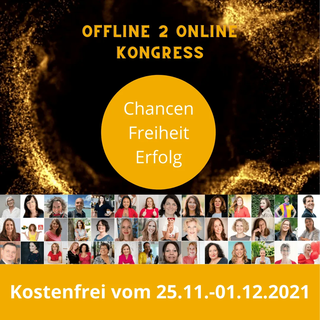 Social-Media-Post für Offline 2 Online Kongress mit Gold-Glitter-Design und Referenten-Galerie