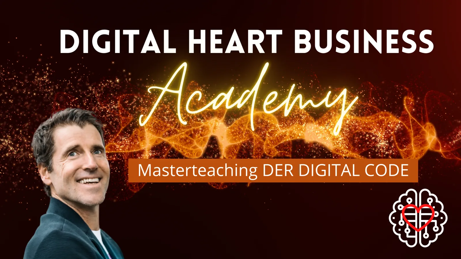 Hero-Banner für Masterteaching Der Digital Code mit Titel, Neon-Schrift und Portrait des Autors