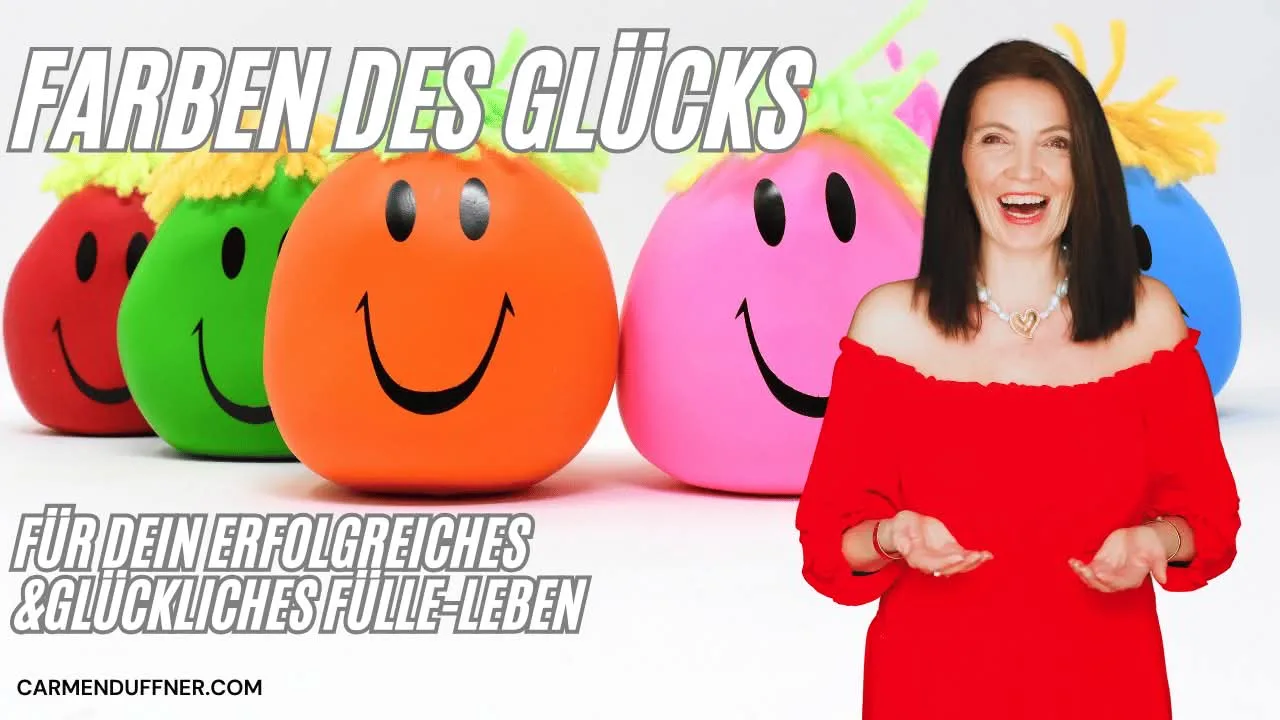 Farben des Glücks Banner mit vier bunten Smiley-Gesichtern und lächelnder Frau