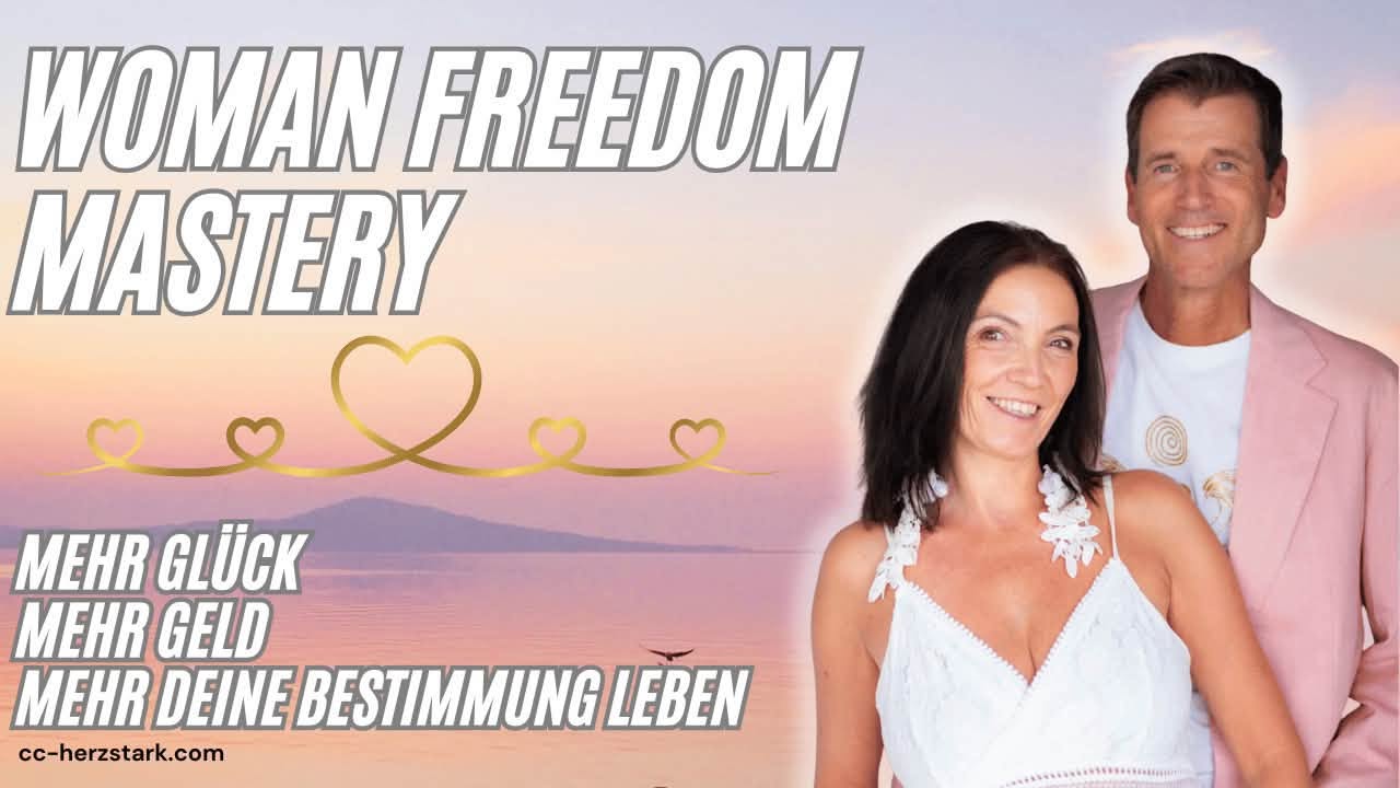 Woman Freedom Mastery Banner mit Paar vor Sonnenuntergang und goldenen Herzen