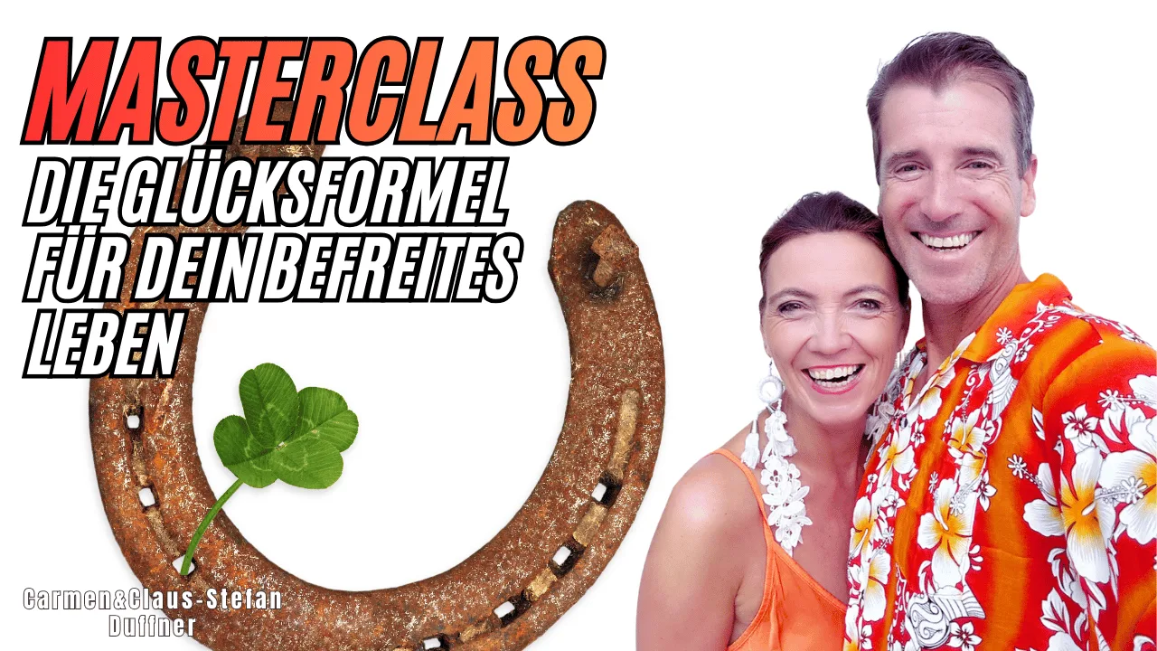 Masterclass Glücksformel Banner mit Hufeisen, Kleeblatt und Paar in farbenfroher Kleidung