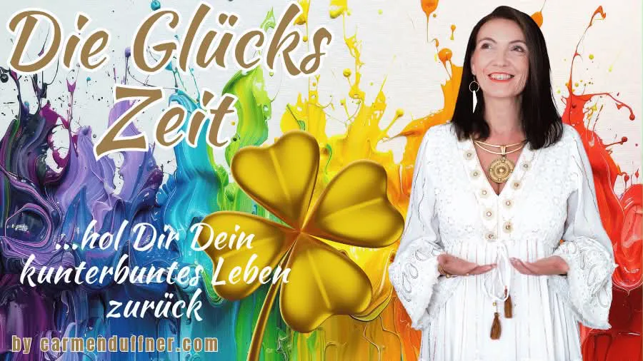 Glücks Zeit Banner mit goldenen Kleeblättern, buntem Farbspritzer-Hintergrund und Frau in weißem Kleid