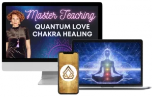 Masterteaching Quantum Love Chakra Healing auf Monitor, Smartphone und Laptop mit Meditationsmotiv