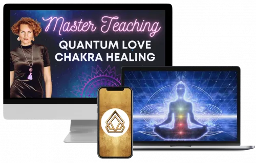 Masterteaching Quantum Love Chakra Healing auf Monitor, Smartphone und Laptop mit Meditationsmotiv