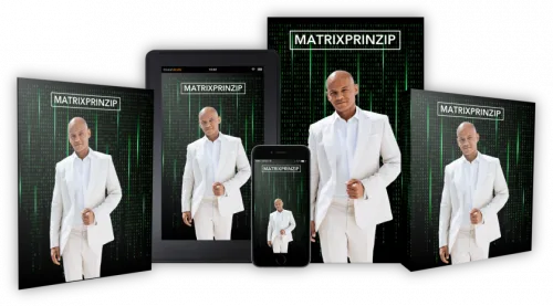 Matrixprinzip 12 Monate Coaching Produktabbildung mit Coach Cecil in weißem Anzug auf grünem Matrix-Hintergrund, dargestellt